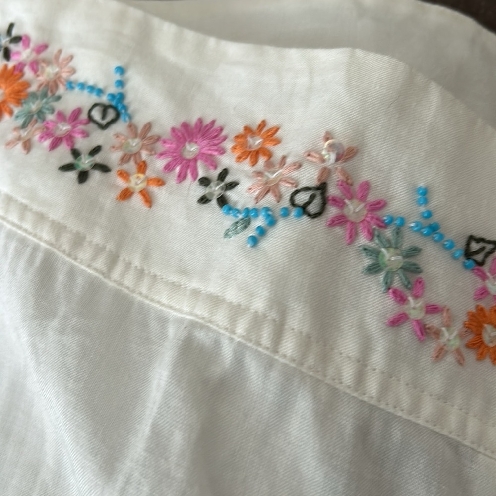 Naf Naf White Embroidered linen White Trouser Pants Eur Size 40 Wide Leg Paris - Picture 6 of 8